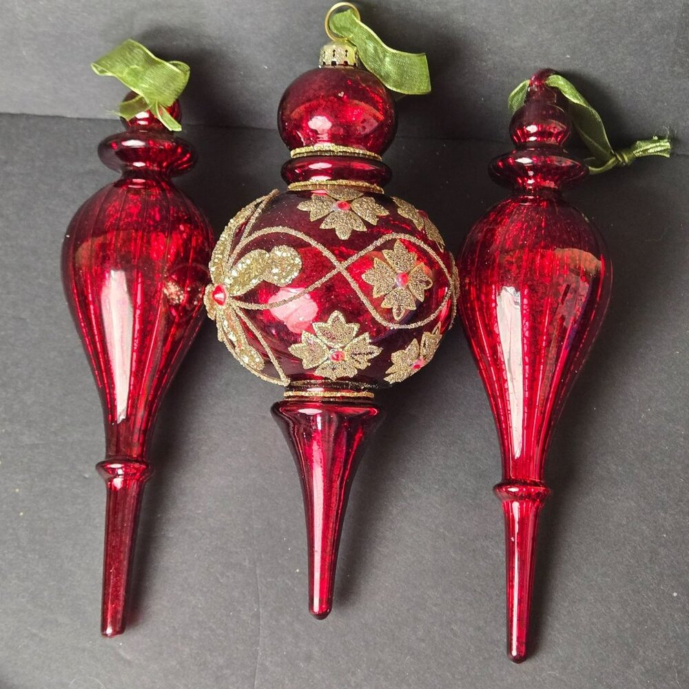 Frontgate Set of 3 Red Glass Finial Christmas Ornaments 8" Gold Glitter Accents